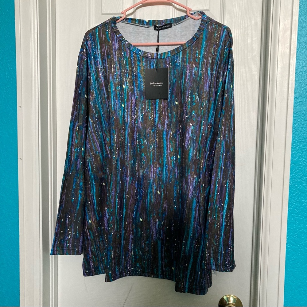 Blue Purple and Black Abstract Print Long Sleeve 3XL